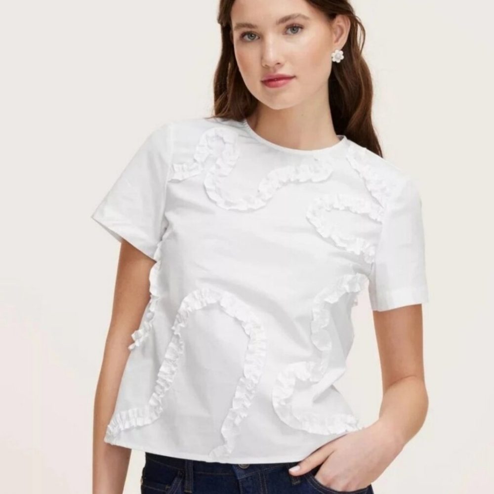 New Kate Spade Ribbon Short Sleeve Dress Blouse Top Crew Ruffle Target Cotton